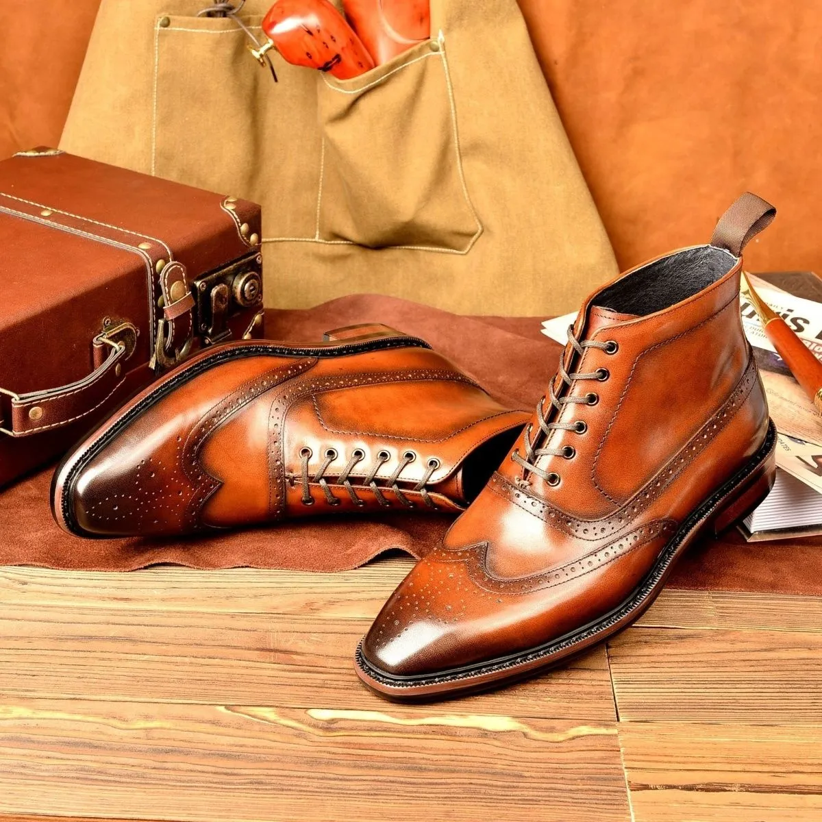 Vintage polished engraved Martin boots men's genuine leather boots