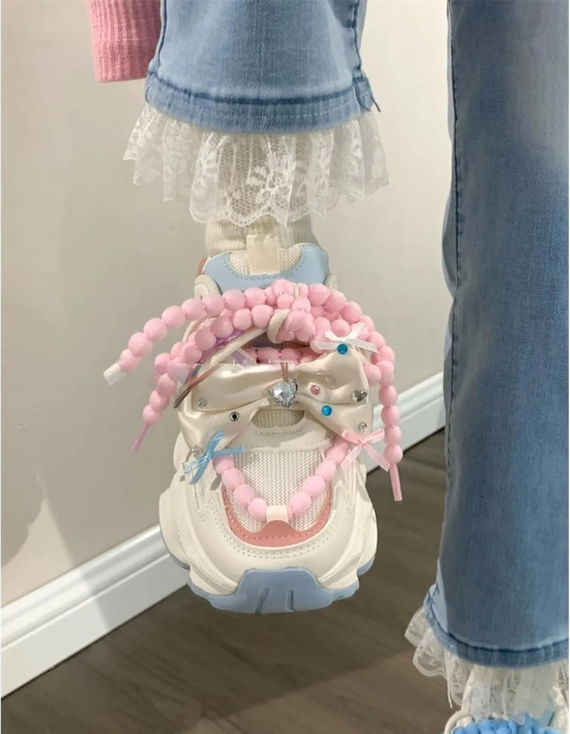 Women Kawaii Cute Sparkling Bow White Mesh Dad Chunky Sneakers Comfort Aesthetic Fashion Casual Walking Platform Shoes