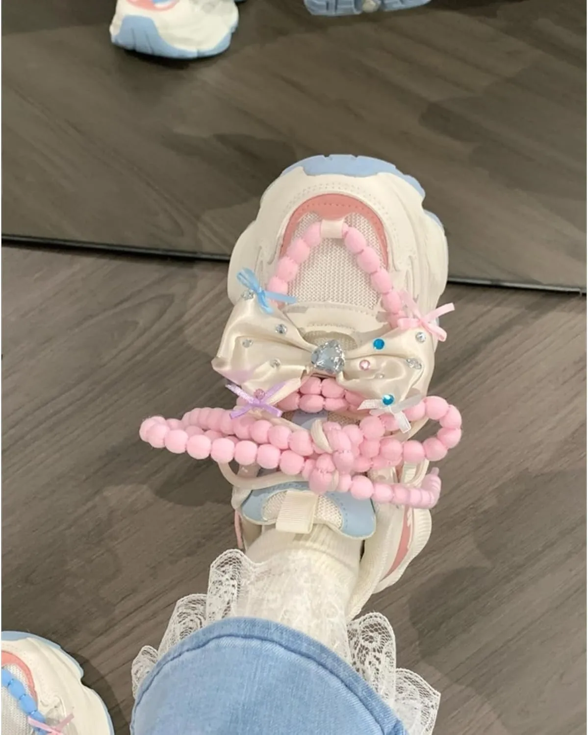 Women Kawaii Cute Sparkling Bow White Mesh Dad Chunky Sneakers Comfort Aesthetic Fashion Casual Walking Platform Shoes