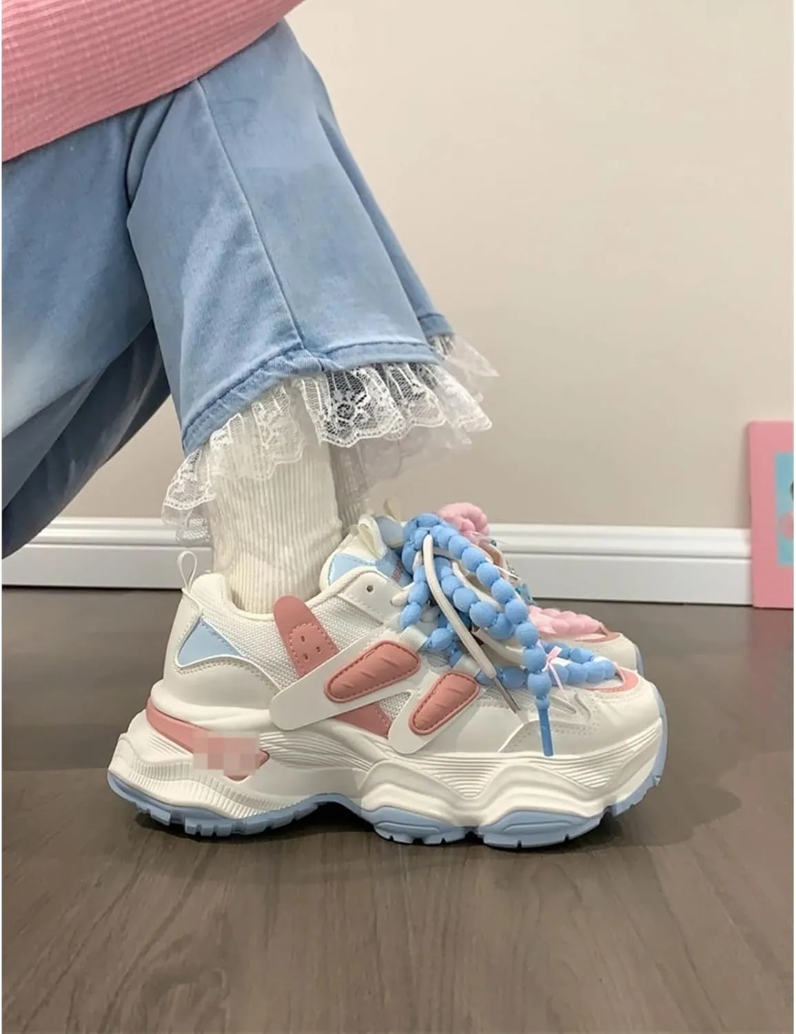 Women Kawaii Cute Sparkling Bow White Mesh Dad Chunky Sneakers Comfort Aesthetic Fashion Casual Walking Platform Shoes