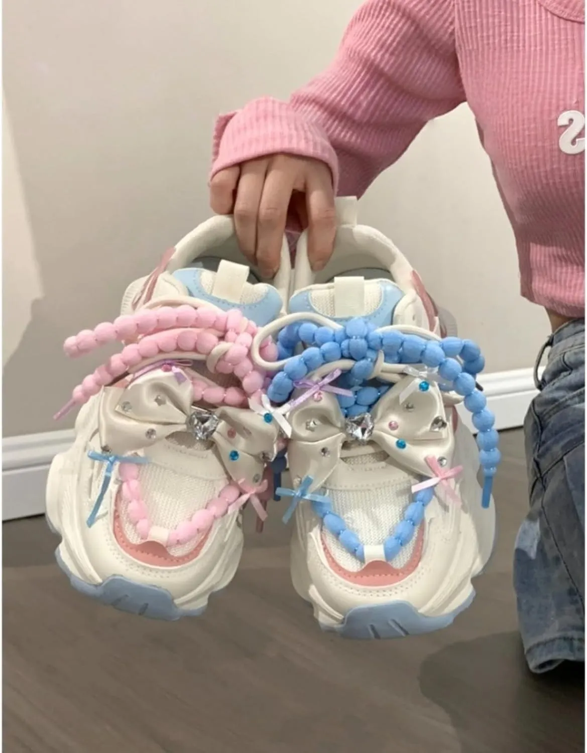Women Kawaii Cute Sparkling Bow White Mesh Dad Chunky Sneakers Comfort Aesthetic Fashion Casual Walking Platform Shoes