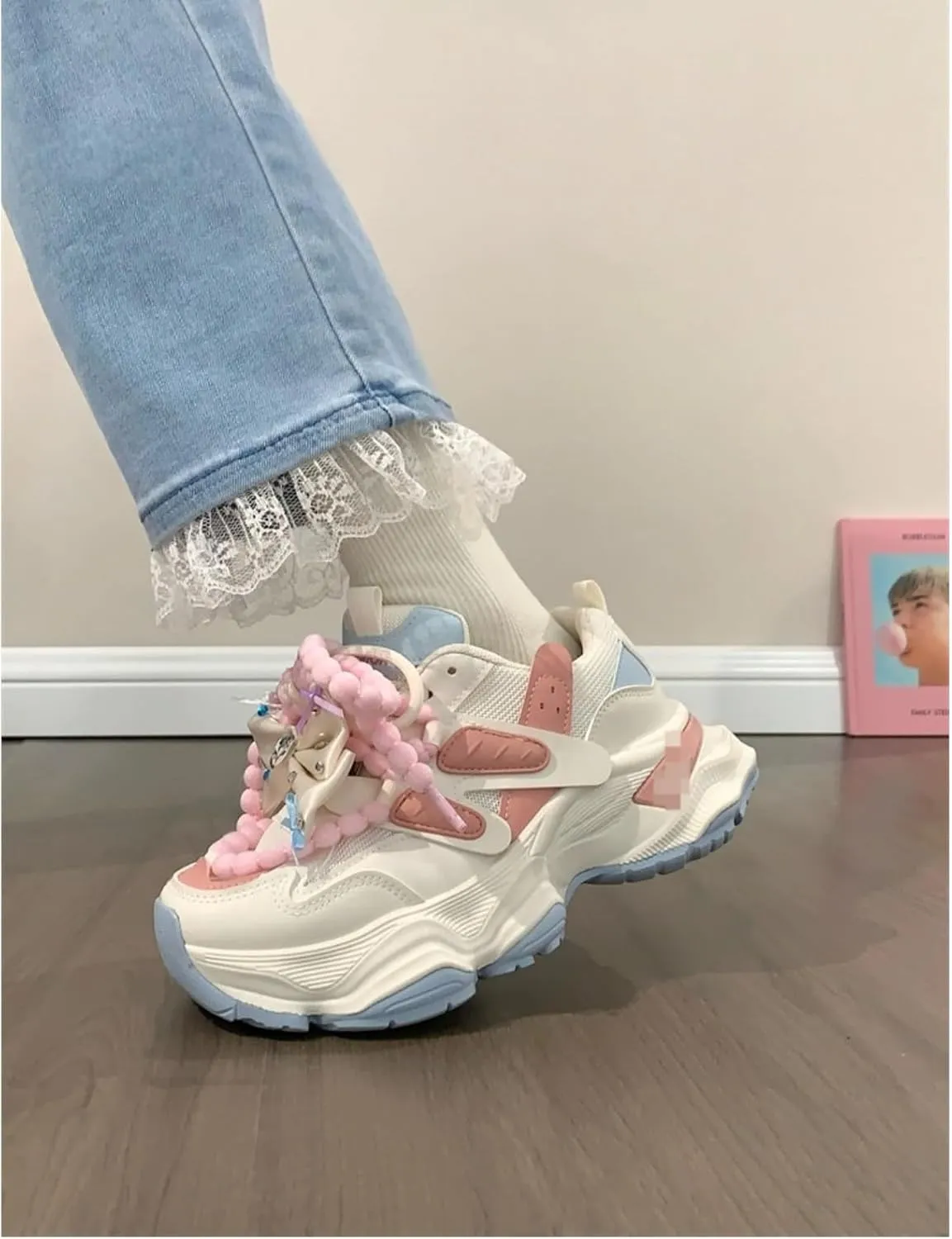 Women Kawaii Cute Sparkling Bow White Mesh Dad Chunky Sneakers Comfort Aesthetic Fashion Casual Walking Platform Shoes