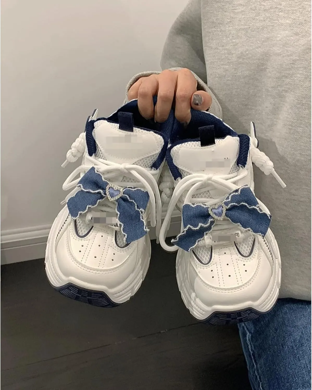 Women's Kawaii Cute Denim Bow Y2k Aesthetic Chunky Sneakers Walking Sport Streetwear Casual Platform White Dad Shoes