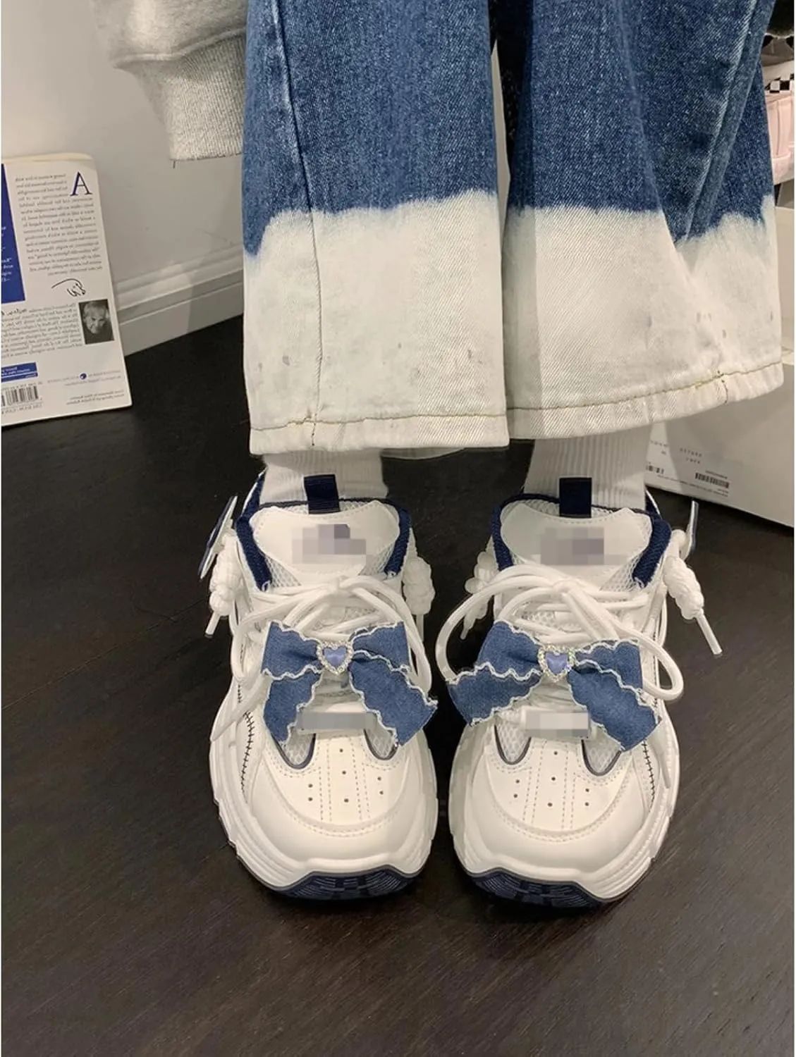 Women's Kawaii Cute Denim Bow Y2k Aesthetic Chunky Sneakers Walking Sport Streetwear Casual Platform White Dad Shoes