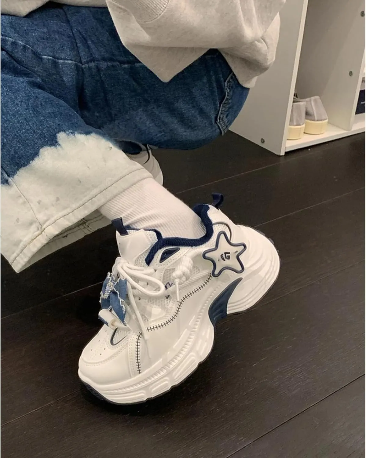 Women's Kawaii Cute Denim Bow Y2k Aesthetic Chunky Sneakers Walking Sport Streetwear Casual Platform White Dad Shoes