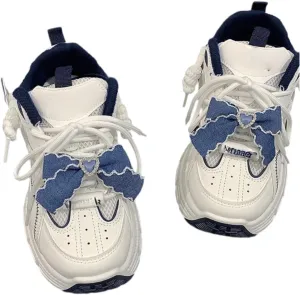 Women's Kawaii Cute Denim Bow Y2k Aesthetic Chunky Sneakers Walking Sport Streetwear Casual Platform White Dad Shoes